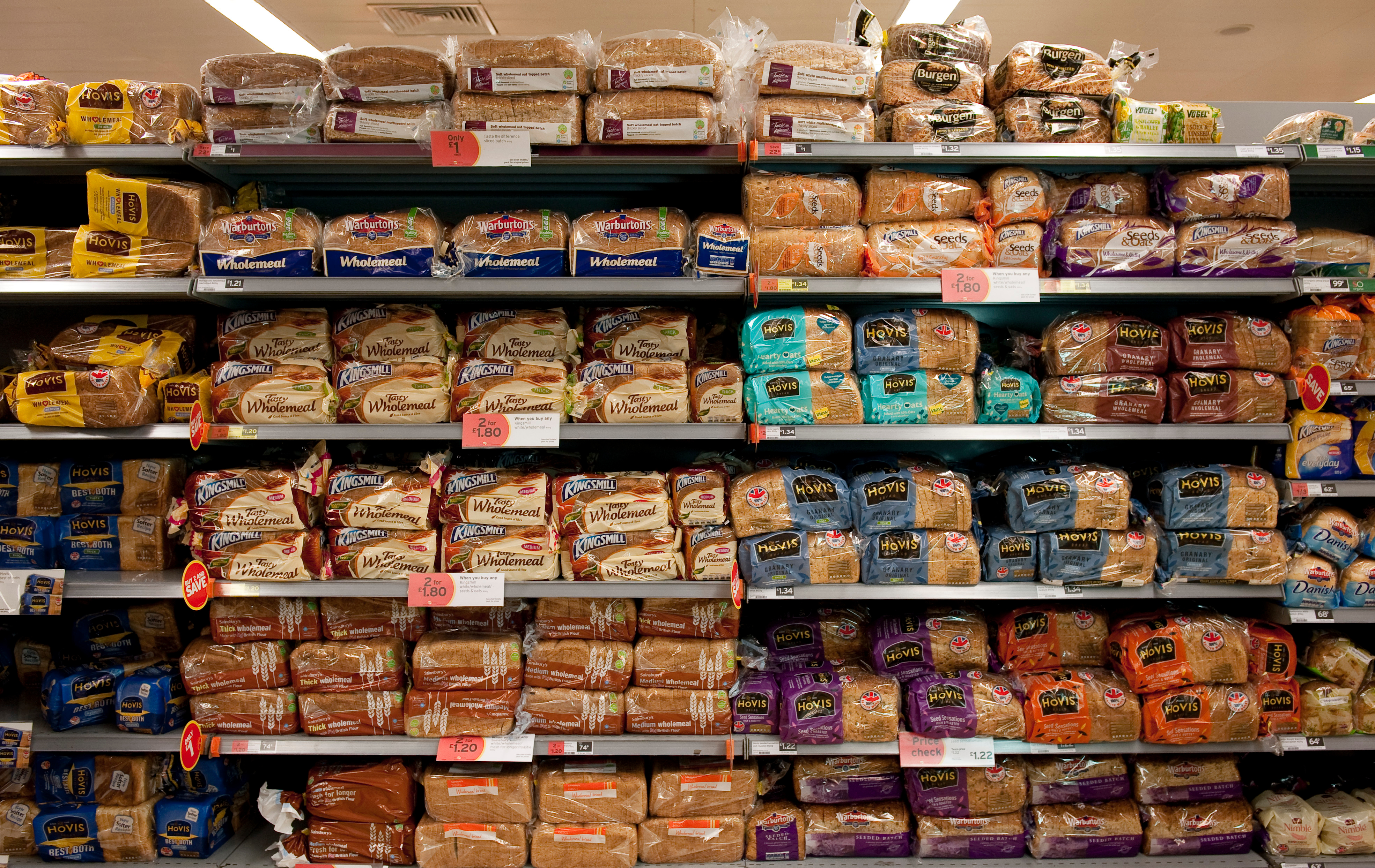 The bread aisle in a supermarket