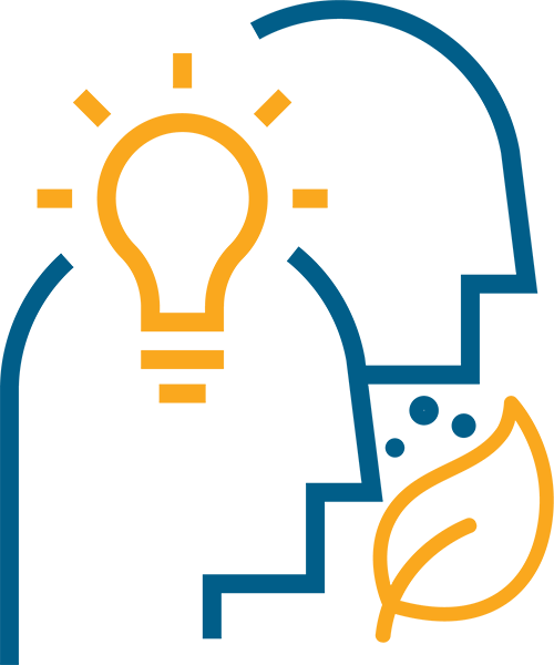 Idea drawing of two heads with a lightbulb and a leaf