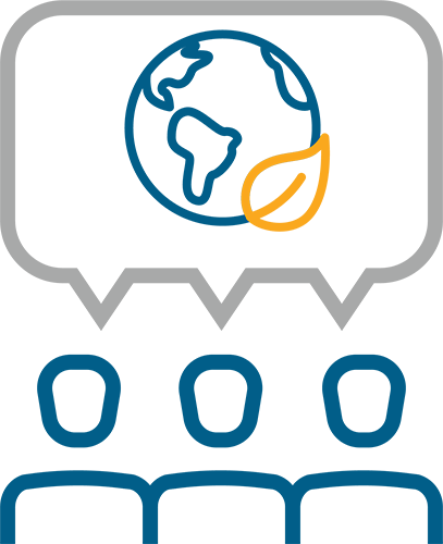 Creating Action Plan drawing of three people creating with a shared speech bubble showing a globe